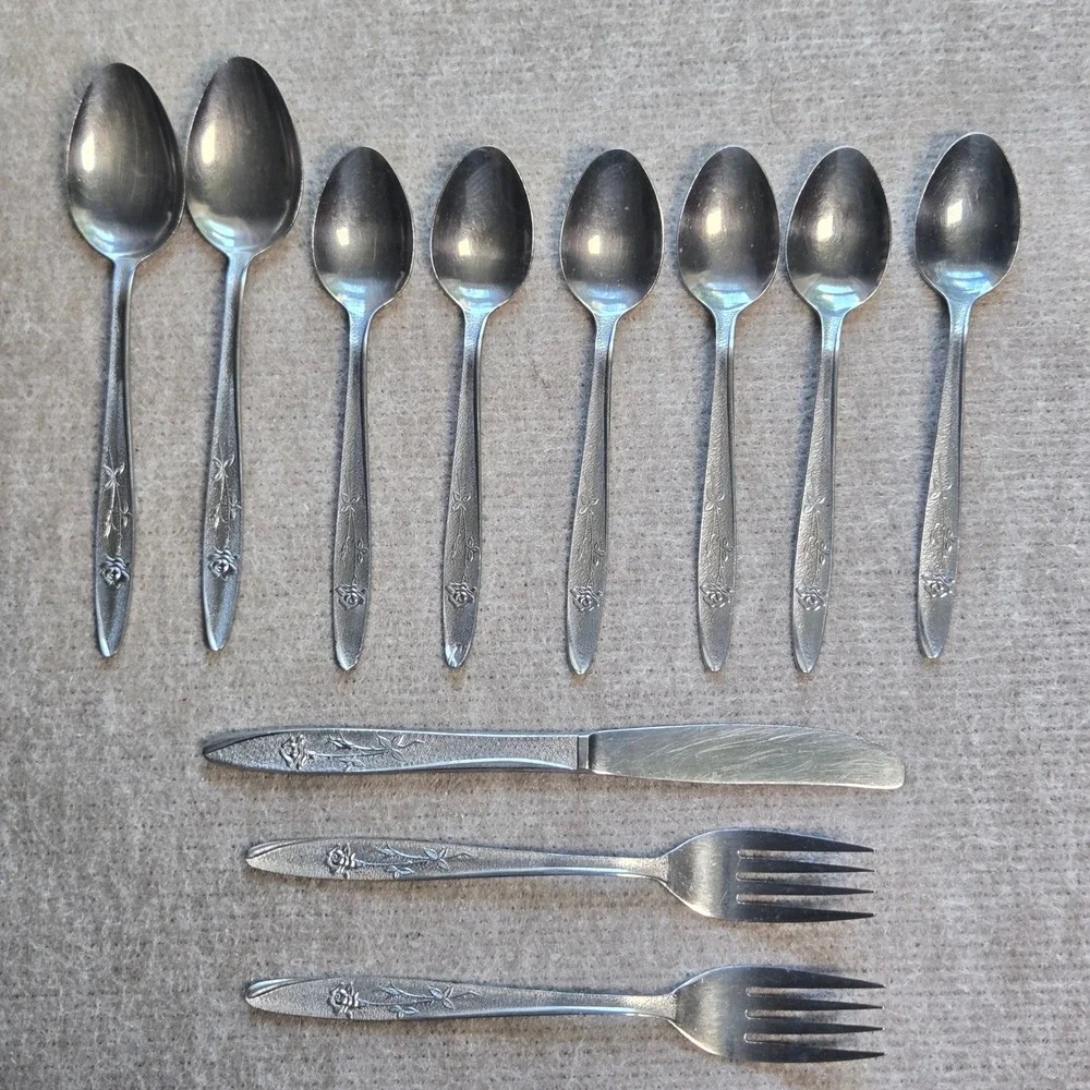 Stanley Roberts Florentine Rose  Stainless Flatware 11 Pieces Spoons Forks Knife